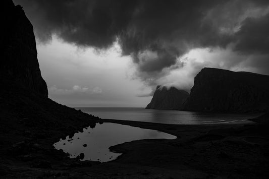 Mirrored Lake above Kvalvika Beach with Building Storm Clouds: 15x20 Limited Print